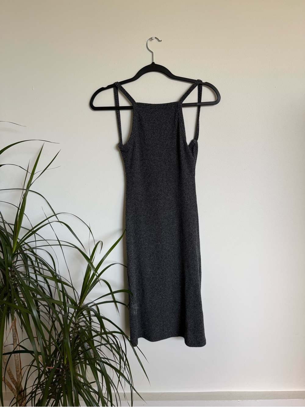 Charcoal Gray Knit Midi Slip Dress with Thin Straps